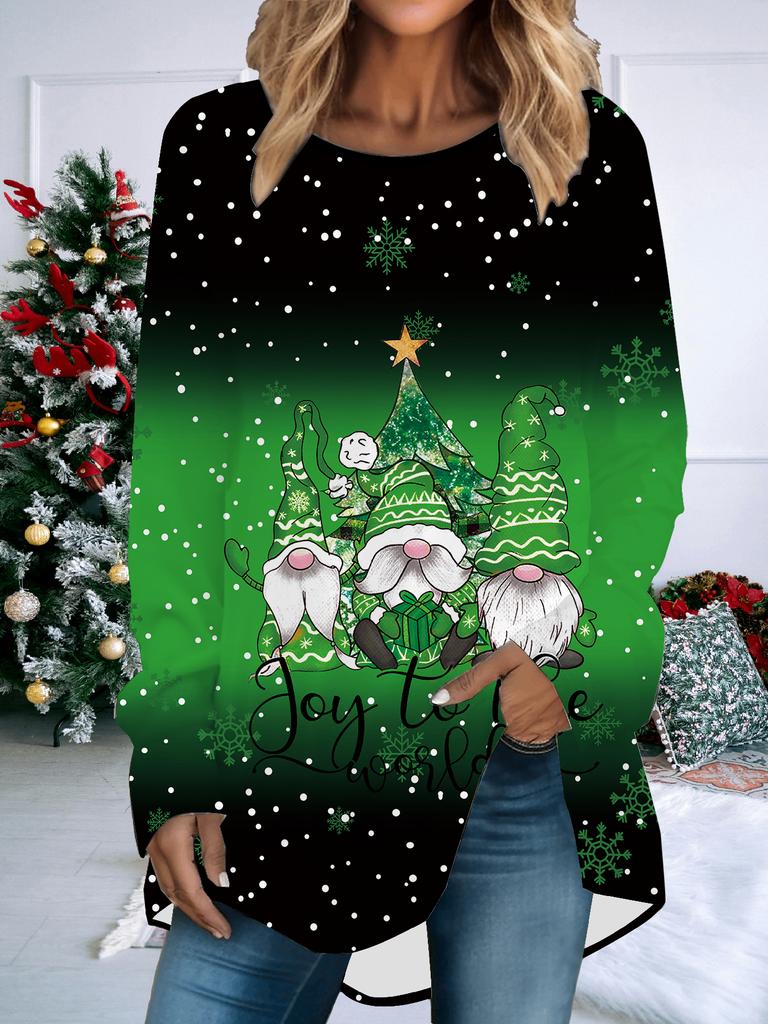 Übergröße Damen Frühling Weihnachten Bedruckt Bequem Langarm Rundhals T-Shirt Lässig Weit Mittelang Tops