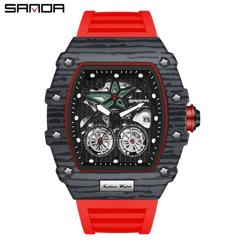 Sanda Men s Barrel-Shaped Skeleton Sports Quartz Watch