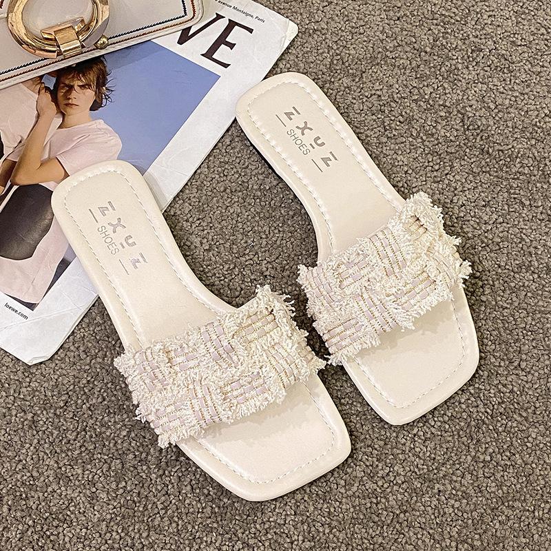 

One-word slippers women s summer wear new flat shoes versatile women s casual summer cool slippers 35 бежевый