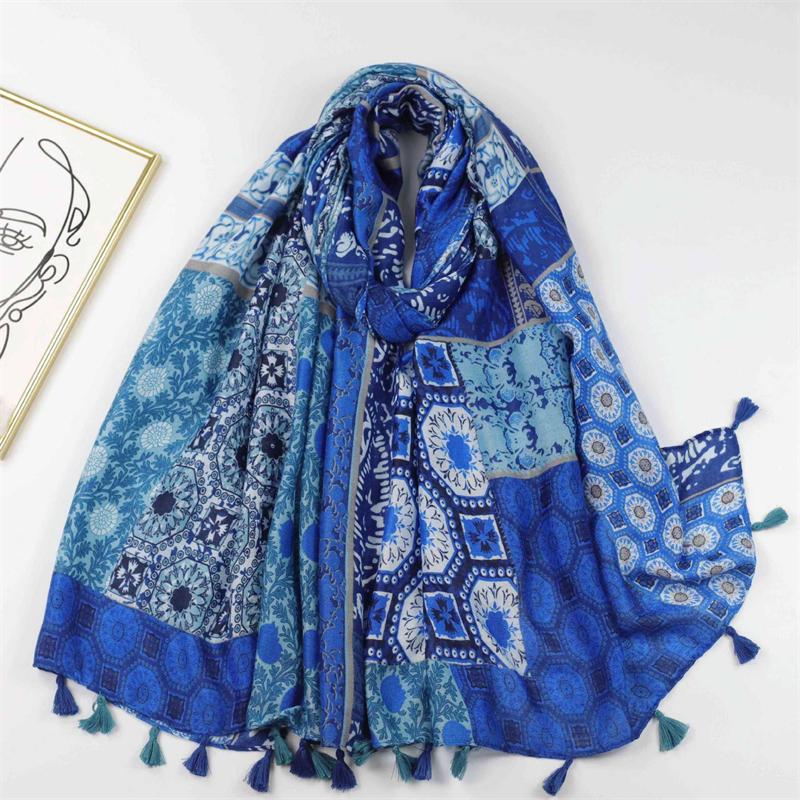 Vintage Viscose Scarves Women Design Aztec Geometric Floral Tassel Shawls And Wraps Pashmina Stole Bufandas Muslim Sjaal180*90Cm