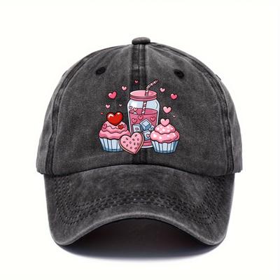 Gorra de Béisbol Ajustable Casual Deportiva Snapback Unisex con Estampado de Corazones de Cupcake