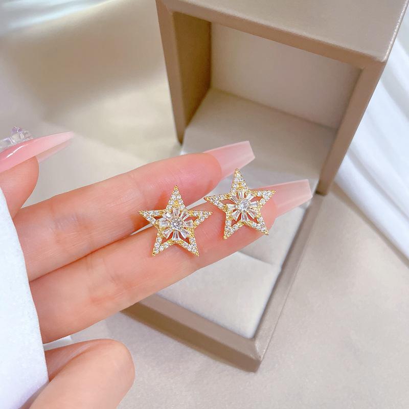 Necklace Earrings Set Light Luxury Full Of Diamonds Flower Five-Pointed Star Personality Temperament Banquet Earrings Necklace