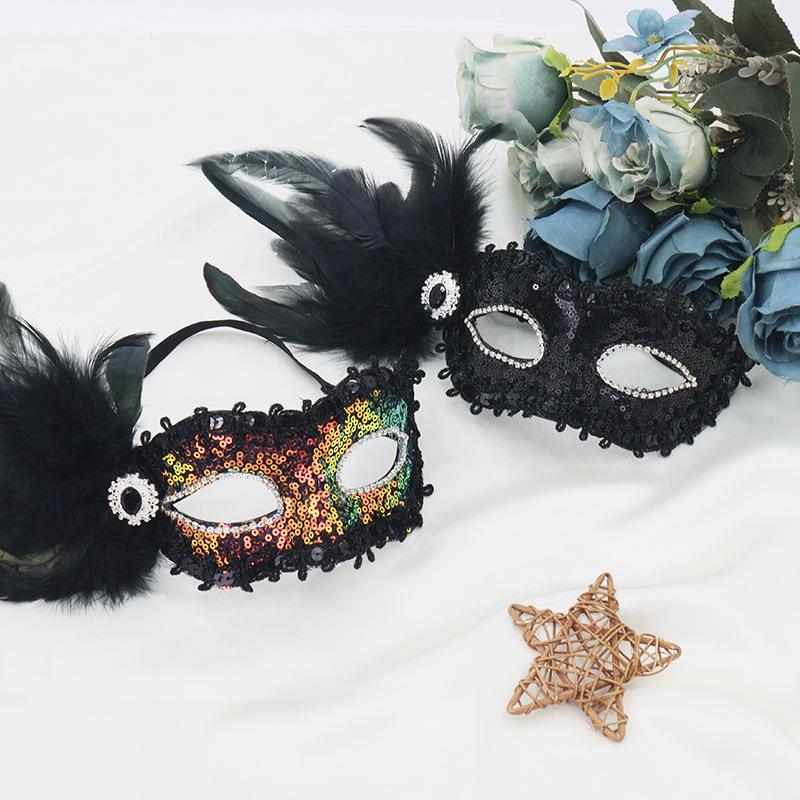 Feathers Sequins Half-Face Mask Masquerade  Removable Feather Decor Venetian Mask Halloween Cosplay Party Costume Accessory