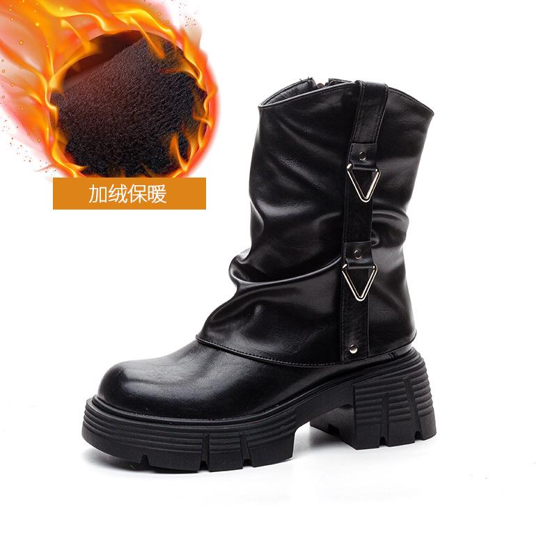 Autumn and winter new versatile casual leather boots thick-soled heightening small stacking boots velvet warm solid color women's boots