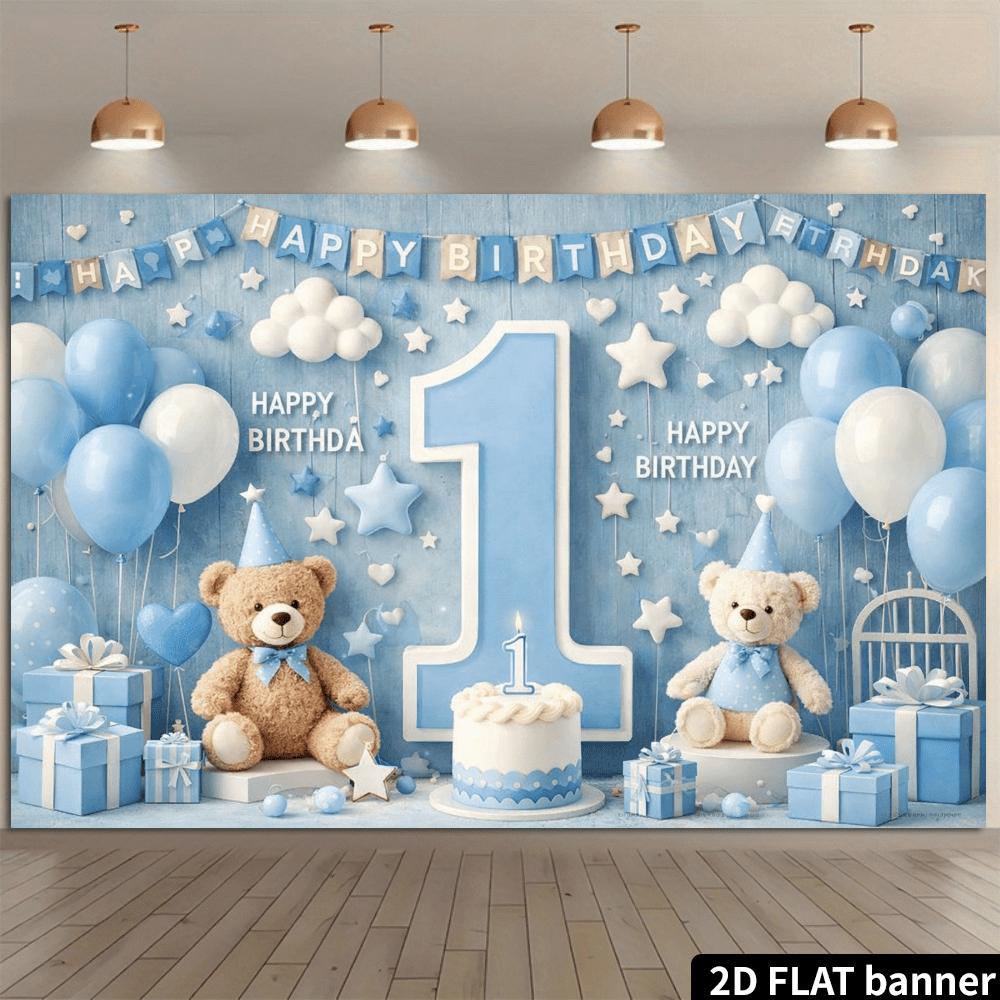 A banner bearing the inscription "Happy Birthday" and the prominent number "1" shows balloons in the background
