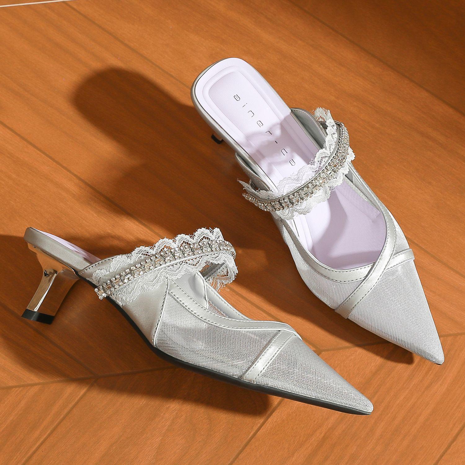 

59015 high heels women s thick heel summer 2025 new bag head mesh cool slippers pointed rhinestone single shoes 39