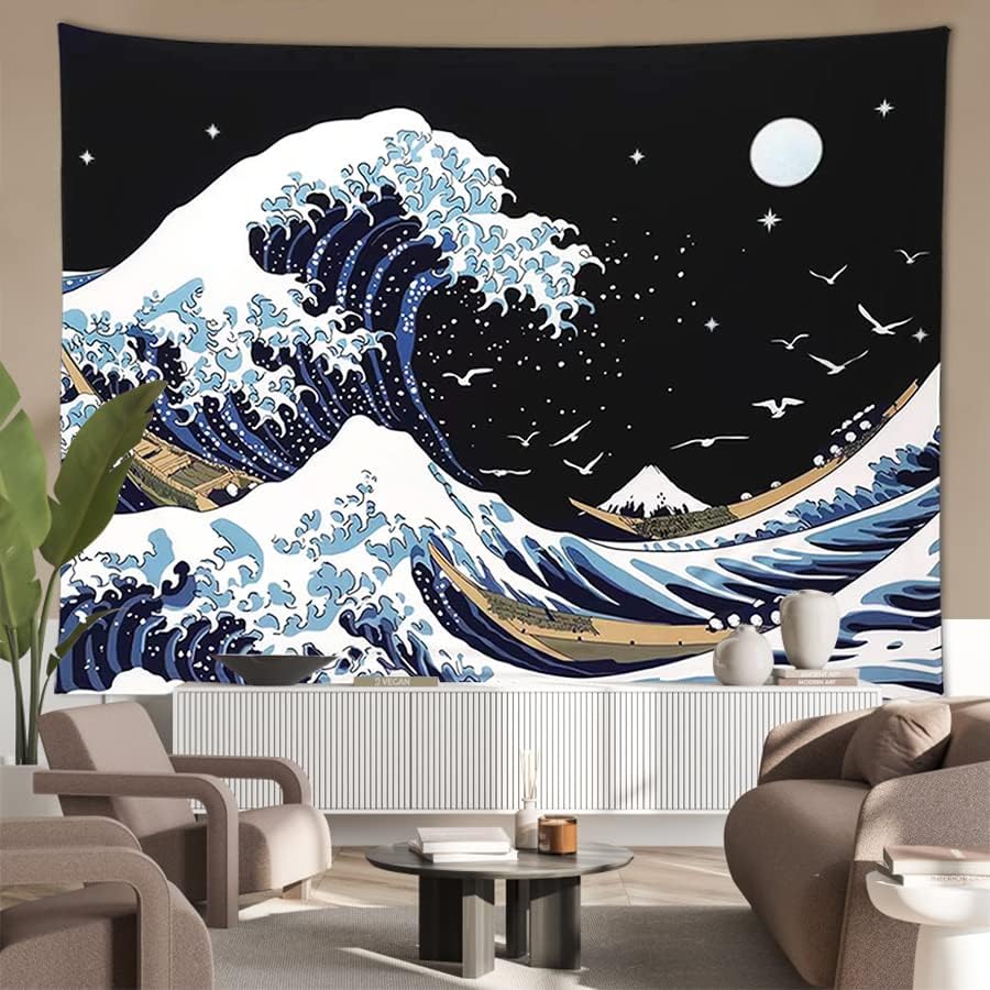 Pentasmile Wall Tapestry for Bedroom Aesthetic Japanese The Great Wave off Kanagawa Tapestries Large Trippy Tapestrys Black Art Tapistry Wall Hanging