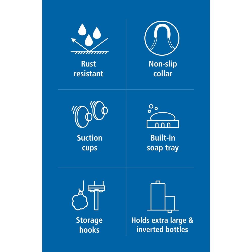 Rust Resistant Shower Caddy with 2 Shelves Soap Tray Hooks Non Slip Hanging Bathroom Storage Solution