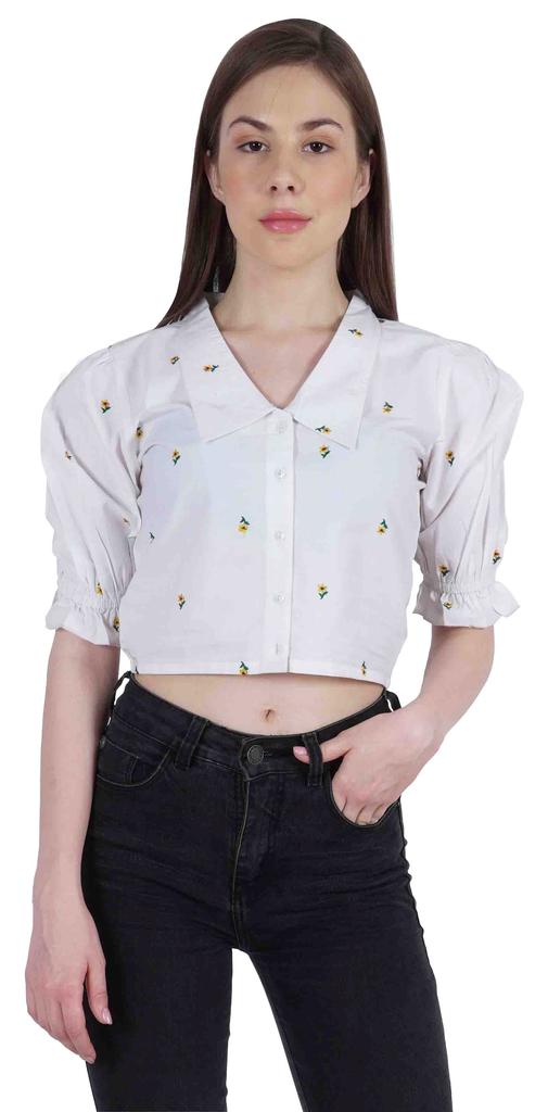 Moomaya Puff Sleeve Crop Top For Women Solid Button Down Collar Designer