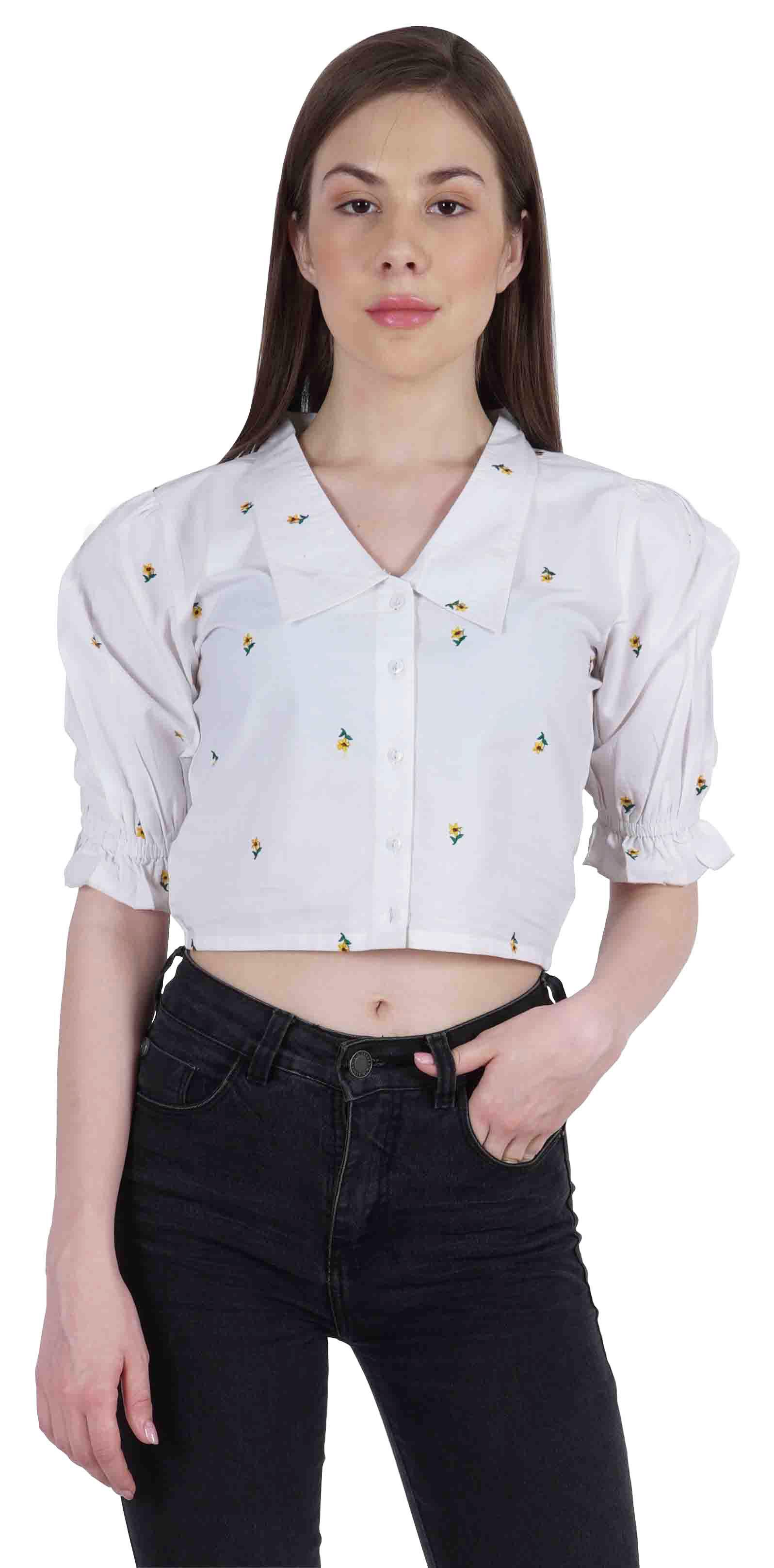 

Moomaya Жіночий укорочений топ з пуховими рукавами і однотонним коміром на ґудзиках XS білий