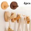 4pcs Beech Walnut Wood Wood Hook Solid Wood Punch Free Wall Hook Wood Handle Simple Design Towel Hook Bathroom Organizer