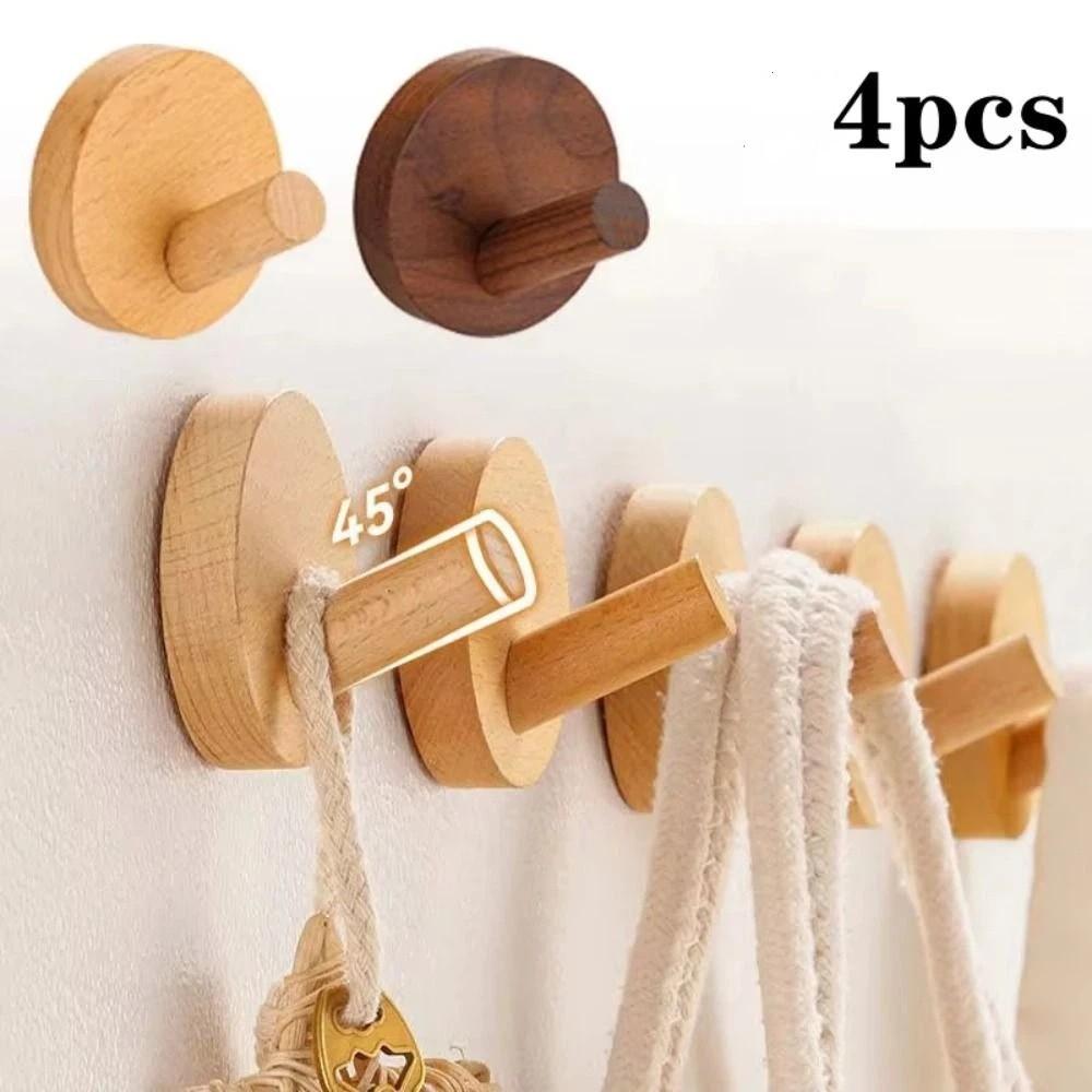4pcs Beech Walnut Wood Wood Hook Solid Wood Punch Free Wall Hook Wood Handle Simple Design Towel Hook Bathroom Organizer