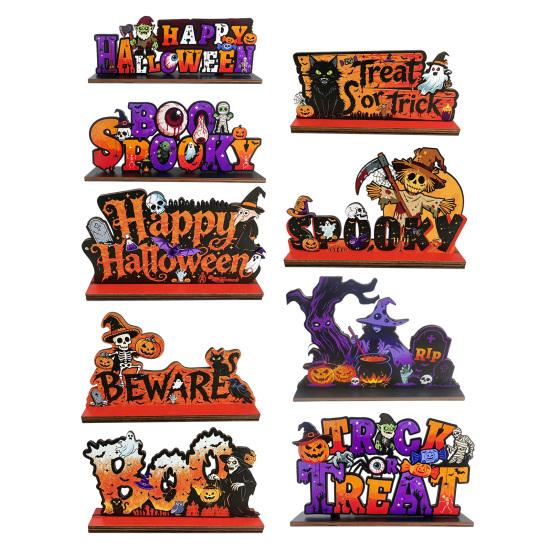 Stable Base Holiday Decor Halloween Pumpkin Haunted House Letter Ornament, Wooden Tabletop Rustic Wood Tiered Tray Signs Spooky Festive Desk