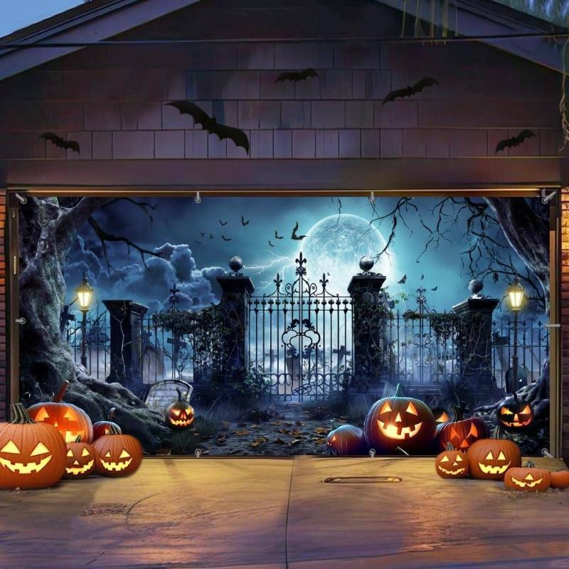 Halloween garage door decoration, Halloween full moon terrifying night door cover, Halloween cemetery eerie bat cemetery