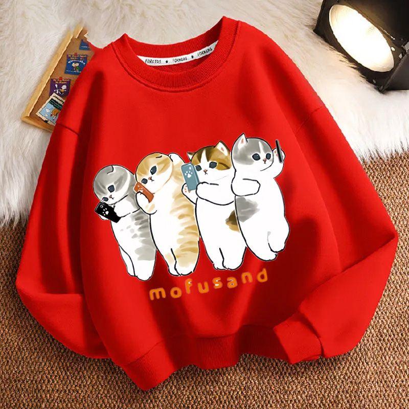 Cute Cat Round-neck Hoodie for Children, Fashionable Long-sleeved Casual Top for Boys and Girls In Spring and Autumn