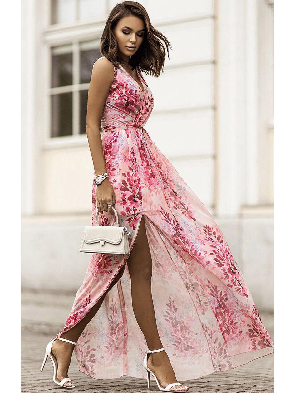 

Шифонова сукня на бретельках з принтом літо 2023 – модна жіноча спідниця Medium рожевий