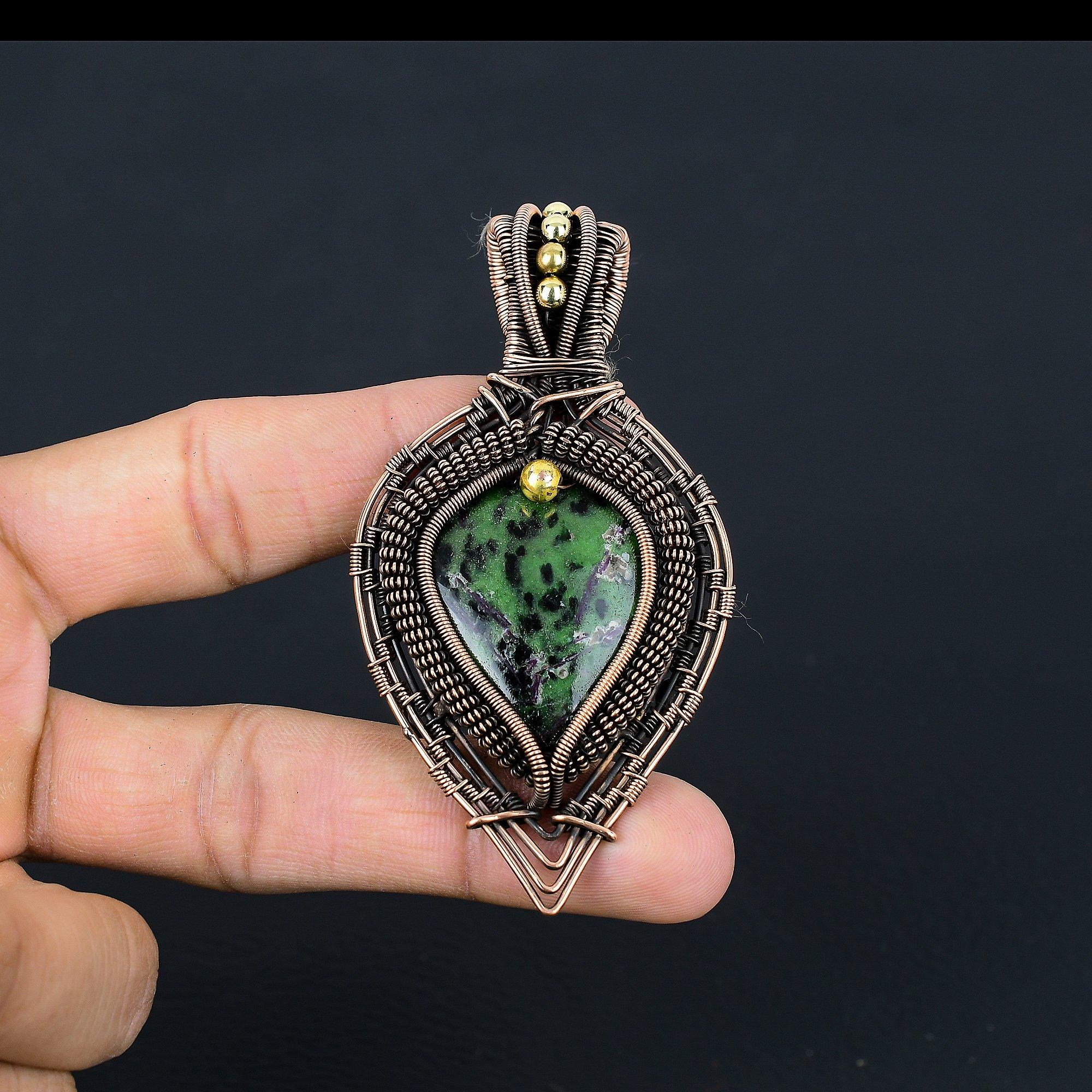 

Ruby Zoisite Pendant Gemstone Jewelry, 999 Copper Wire Wrapped Handmade Pendant, Latest Design Jewelry 2.55 Inches