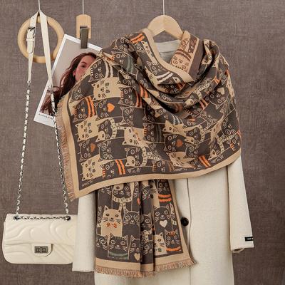 Cat Print Scarf For Women Warm Winter Cashmere Pashmina Scarves Shawls Female Thick Blanket Wraps Bufanda Pashmina Female Stoles