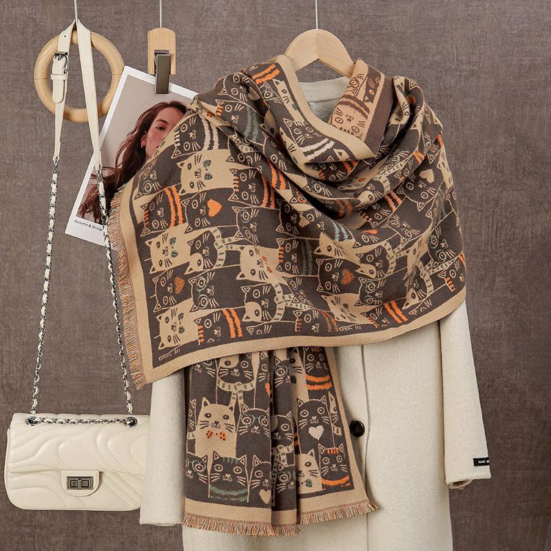 

Женский зимний длинный пашминовый платок, двухсторонний шарф с принтом, шарф с мультяшным котом, теплый толстый муфлон, без кромки