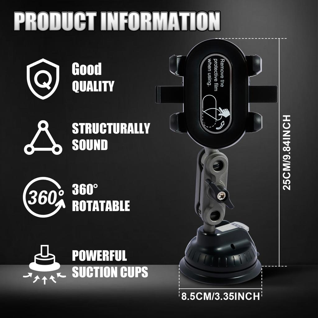 Car Phone Holder 360° Rotating Suction Cup Car Phone Mount with Telescopic Arm Universal Cell Phone Bracket Stable Dash Phone