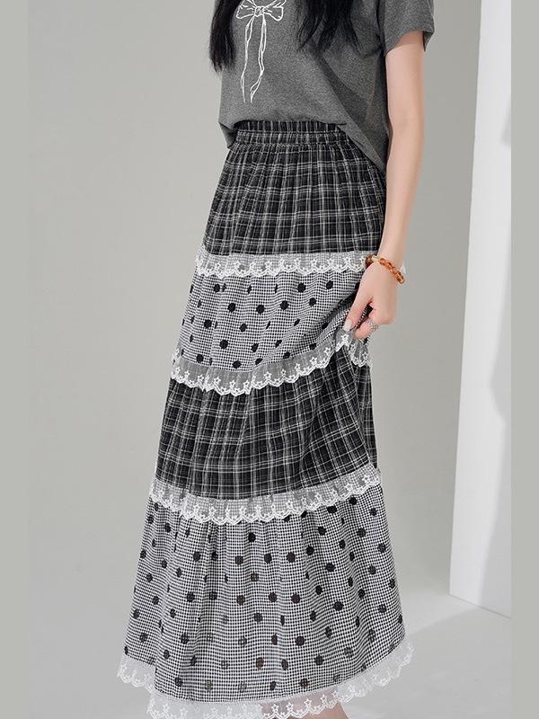 Jupe Midi en Dentelle à Pois Japonais: Ligne A, Étages, Doux, Style Collège pour la Garde-robe d'Été des Femmes