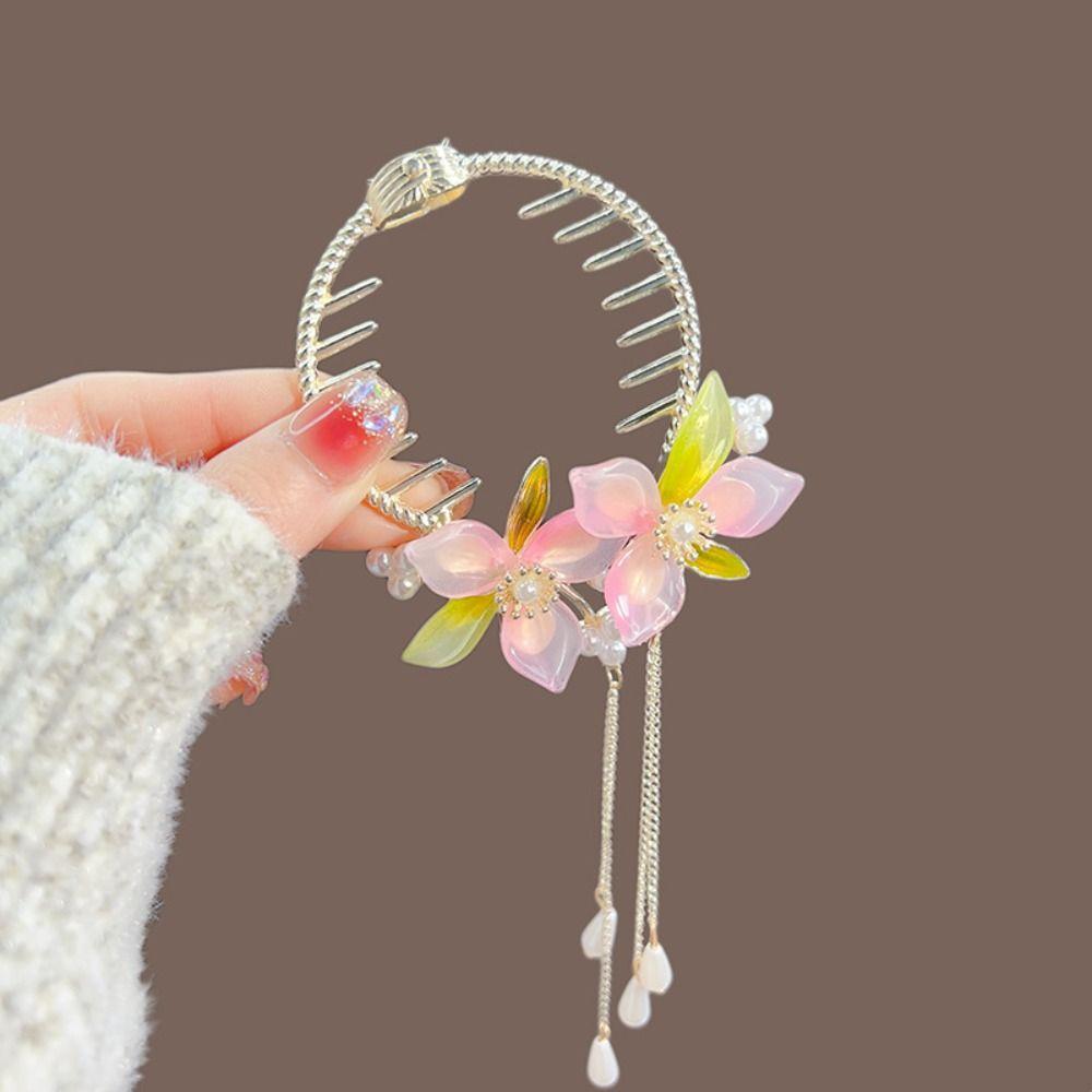 Tassel Flower Horsetail Buckle Pearl Hanfu Headwear Elegant Flower Ponytail Holder Holiday