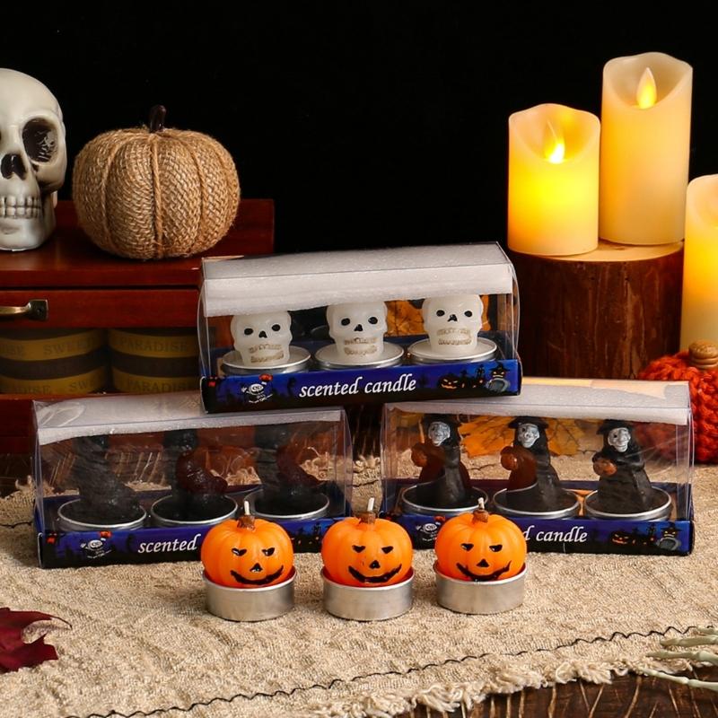 Set of 3 Halloween Themed Candle Ornaments Funny Black Cats Skull Pumpkin Witches Shape Candle for Home and Party Decors
