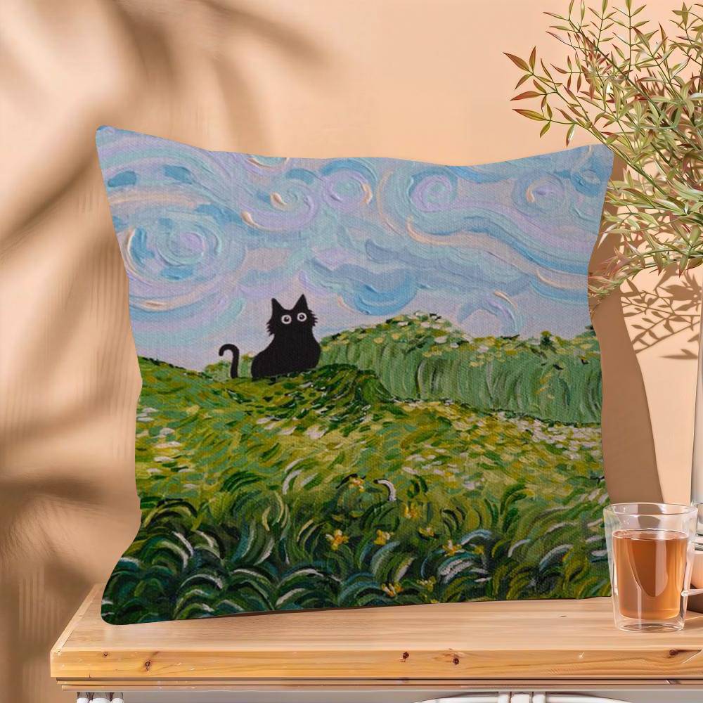Funny Art Matisse Monet Black Cat Van Gogh Sunflowers Cushion Cover Decorative Pillow Sofa Home Decor Case Pillow Cases