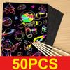 50 Pcs Scratch Paper Kids Rainbow Magic Scratch Off Paper Sheets Art Craft Kit Black Note Paper Drawing Pads with Stencils