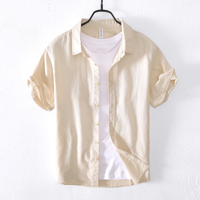 Classical Summer Shirt Male Turn-down Collar Cotton Linen Short Sleeve Shirt for Man Solid Color Button Casual Shirt Simple Style Clothing