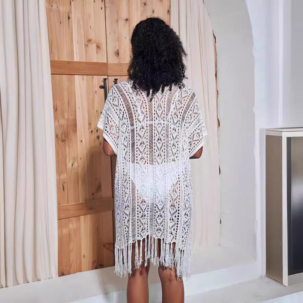 Letní dámský volný dutý střapcový pletený top s výstřihem do V středně dlouhý plážový dovolenkový plavkový plážový přehoz