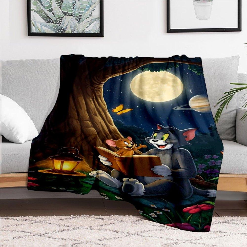"Tom & Jerry Night Adventure Wall Art Print"Blanket Flannel Throw Blanket for Sofa, Bed, Travel, Camping, Office