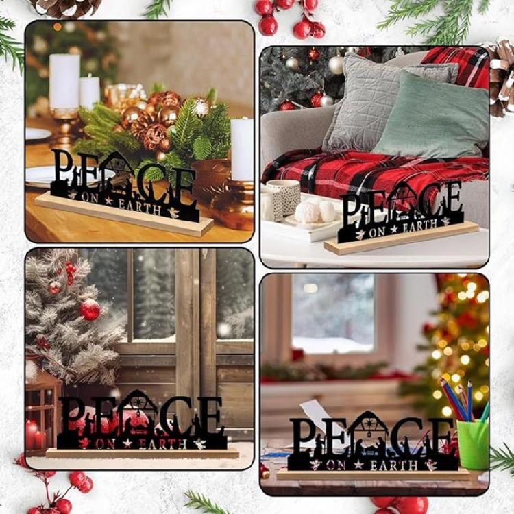 Classical Black Metal Nativity Scene Figurine Sculpture Christmas Tabletop Decoration Iron Sign with Wood Base Ornament