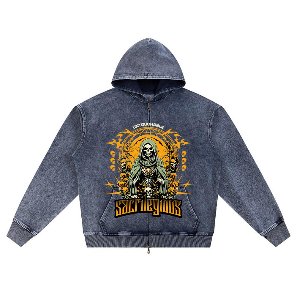 

DTG print Knitted Denim Zip-Up Hoodie Sacrilegious Brother Print Zipper Hoodies XL темно-синий