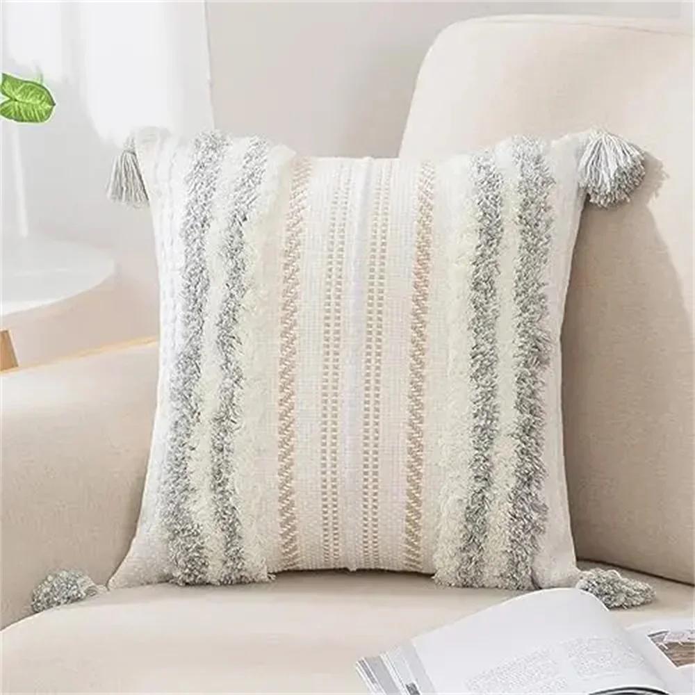 Homaxy Bohemia Pillow Case 50x50 For Sofa Pillow Cover Striped Tassel Decor Cushion Cover Furry Boho Pillowcase Aesthetic 45x45