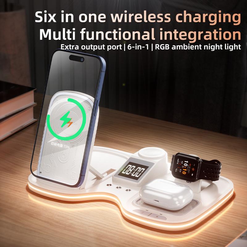 Custom logo Corporate Gift Multifunctional 15W Fast Charger Alarm Clock RGB Ambient Night Light 6 in 1 Wireless Charger Foldable