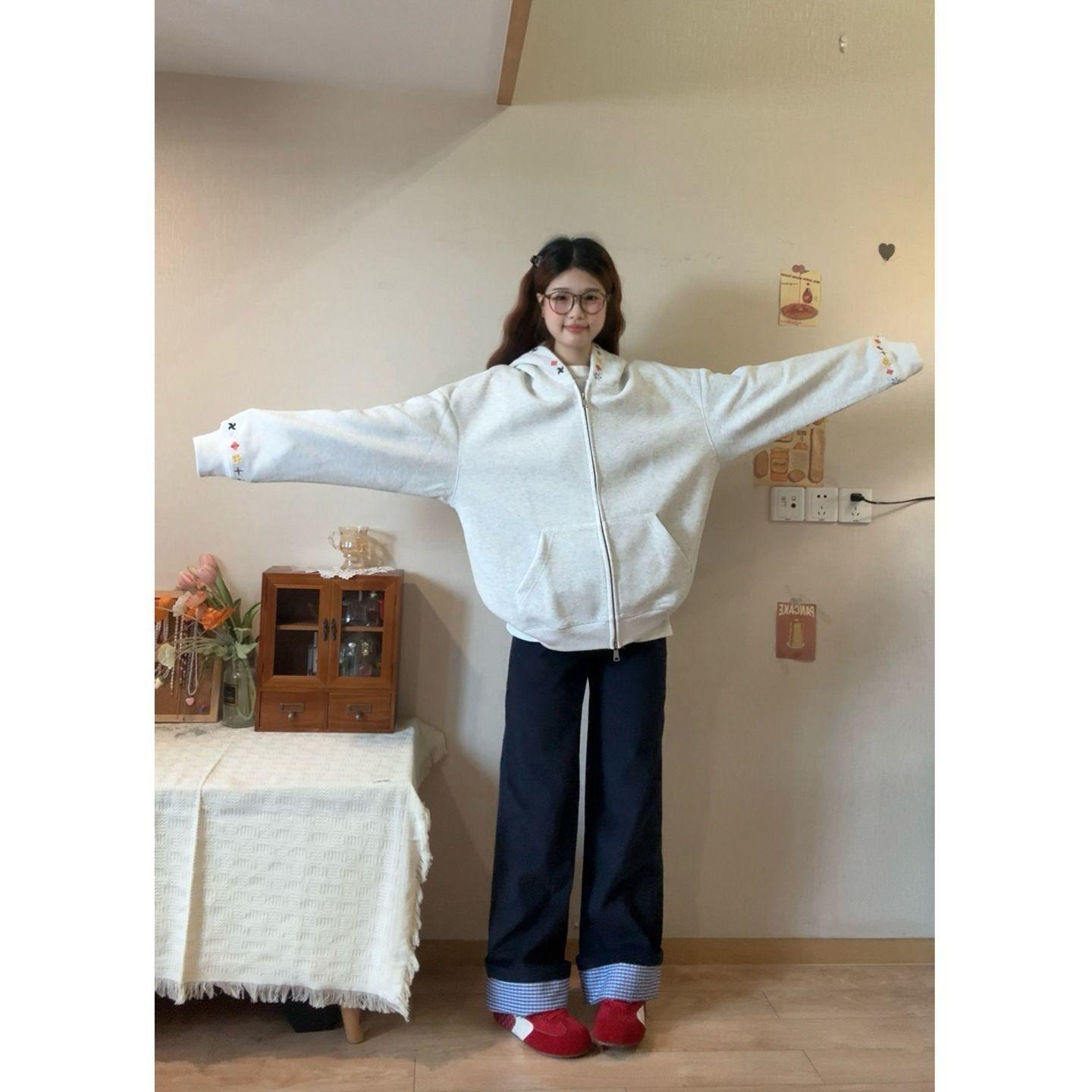 Women Embroidered Double Zip Hooded Zip Up Jacket Loose Long Sleeve Casual Korean Fall Sweatshirt Coat M