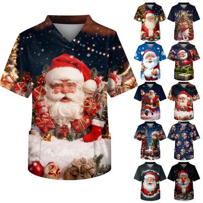 Men's Printing Short Sleeve V-neck Working Blouse Chest Pocket Carer Top
