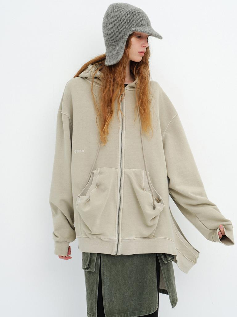 Cerric Hole Pointed Hoodie Zip Up / Beige