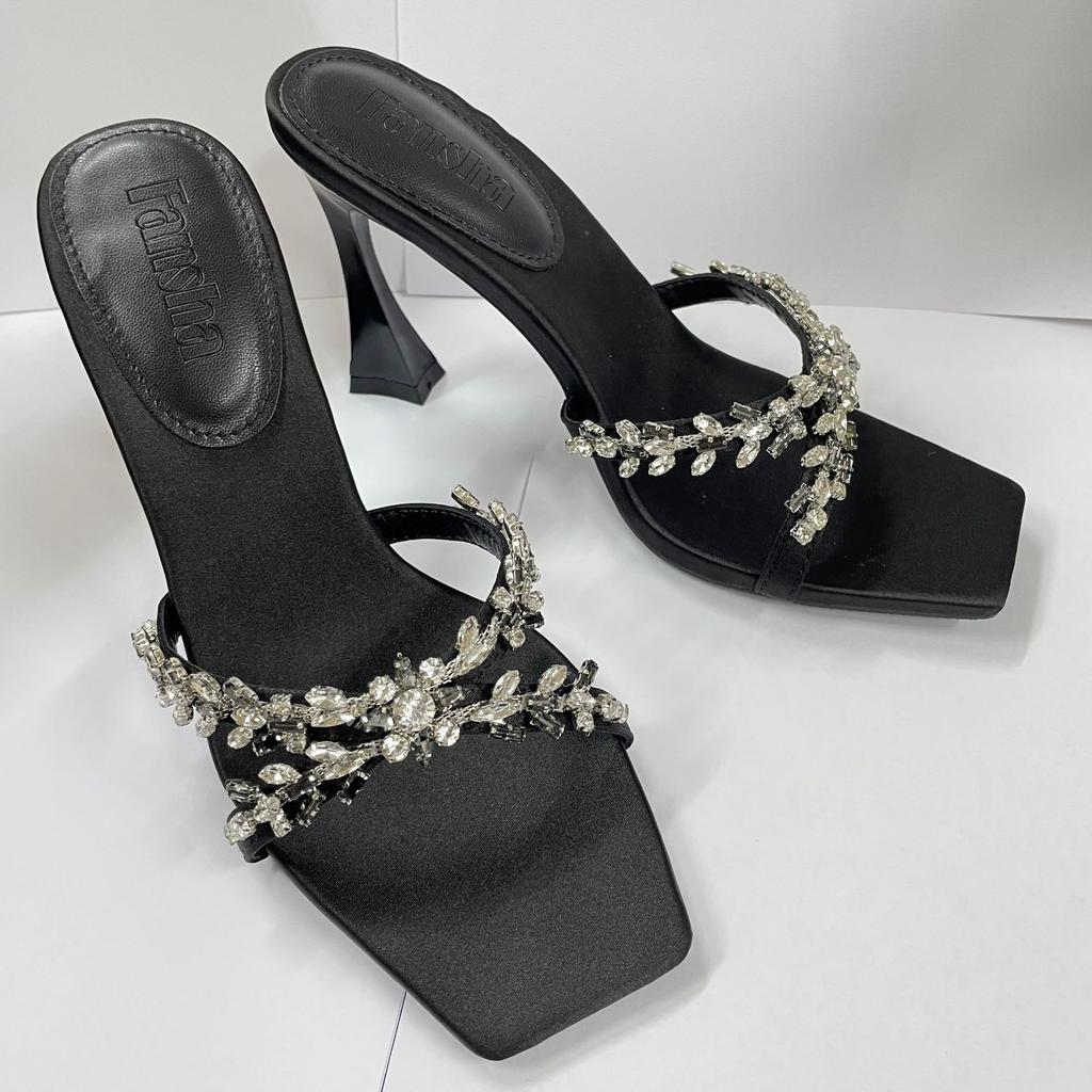 2025 Summer European and American Satin Thin Heel Cross Rhinestone Square Head Open-toed Sandals Women's High-heeled Slippers Fashionable and Sexy