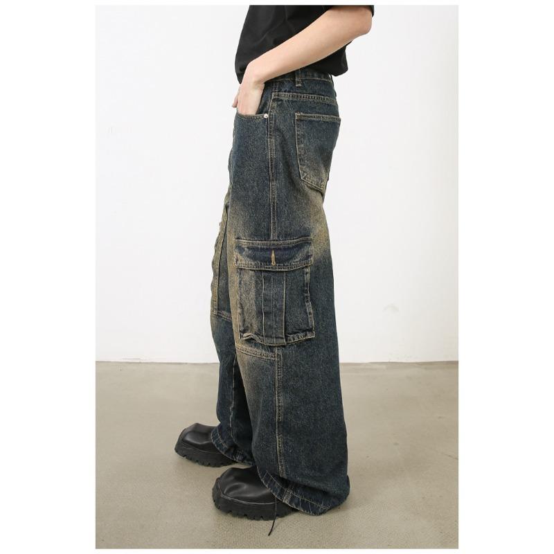 Long Trousers Versatile Washed Multi-pocket Design Sense of Work Jeans Men Senior Sense Pants