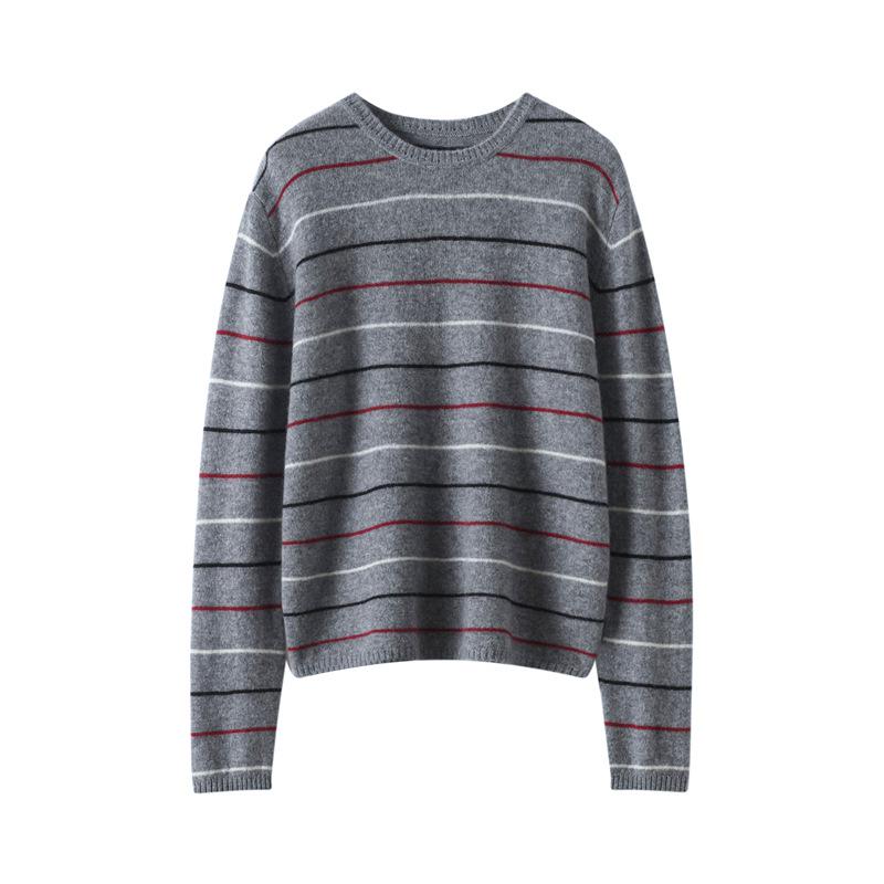 100% Cashmere Women's Color Block Stripe Round Neck Sweater - Autumn/Winter Loose Fit Retro Knitwear Top