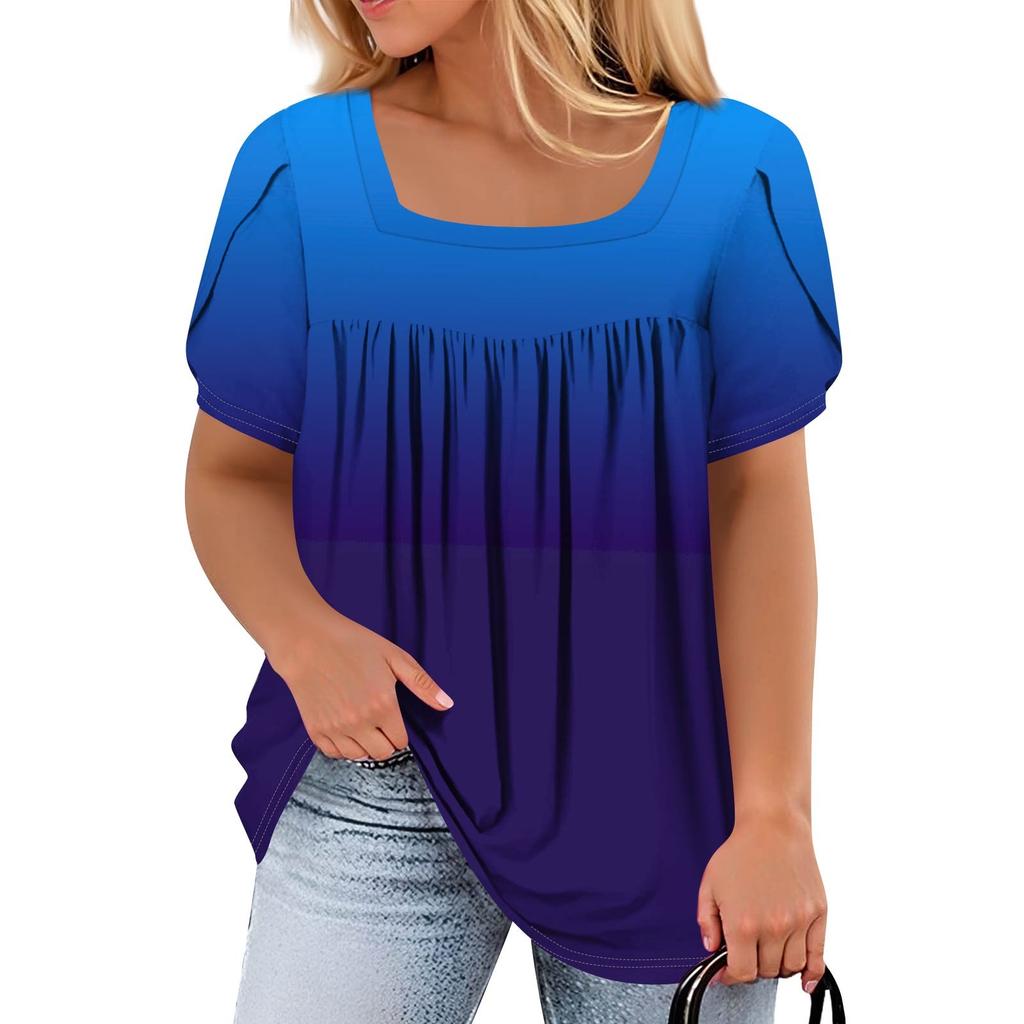 Women's Fashion Casual Printed Square Neck Short Sleeve Large Size T-Shirt Top