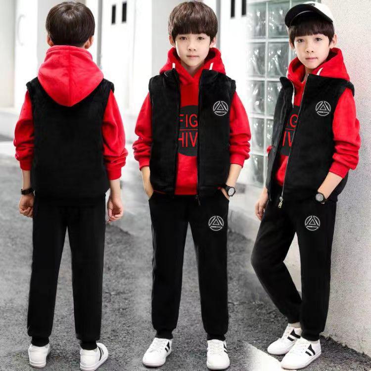 Ensemble de Sport Hivernal pour Garçons 3 Pièces/Ensemble Costume d'Enfant Gilet à Capuche + T-shirts + Pantalon Vêtements de Sport pour Garçons Enfants Survêtement