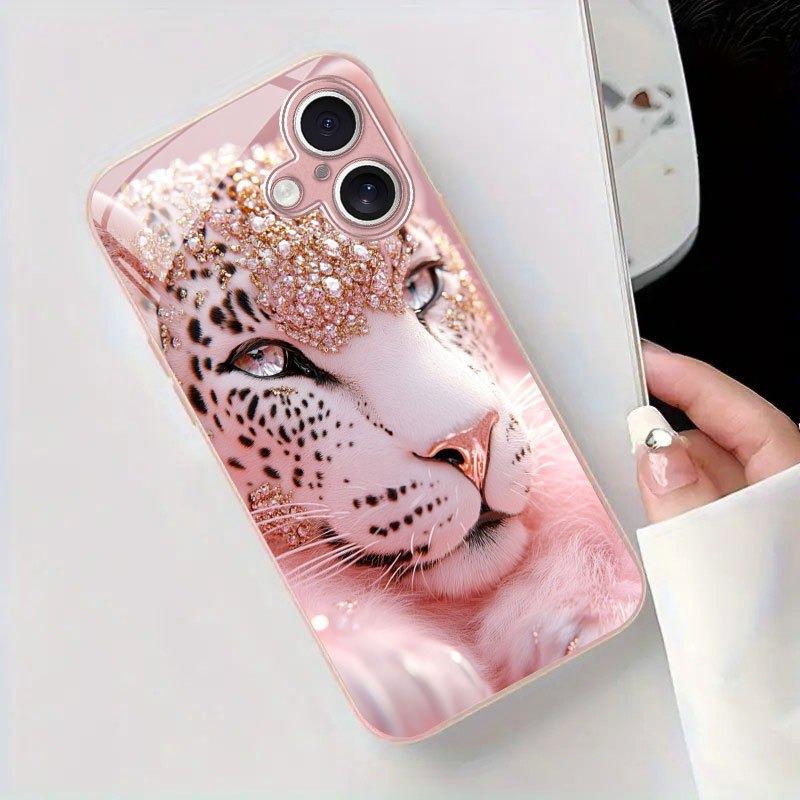 Cute Crystal Leopard Pink Metallic Tempered Glass Phone Case For iPhone 11 12 13 14 15 16 17 Pro Max 15 14 Plus 17 Air 17E Cover