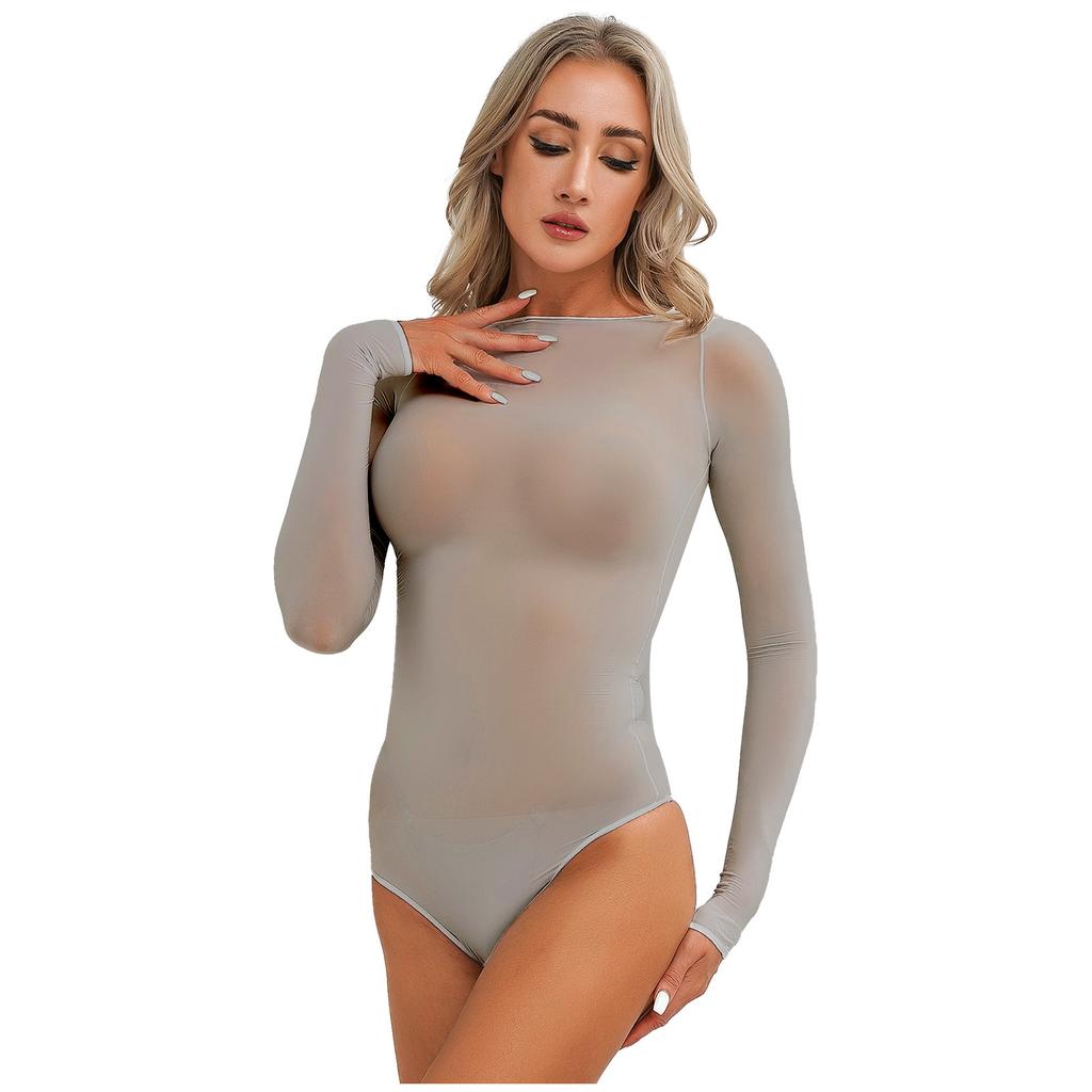 Damen-Bodysuit mit glänzenden Ärmeln, Rundhalsausschnitt und hohem Schnitt, für Tanzaufführungen