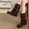 Winter Design Dicke Absätze Damen Mordern Schaftstiefel Mode Gürtelschnalle Slipper Damenschuhe Bankett Party Mid-Calf Stiefeletten