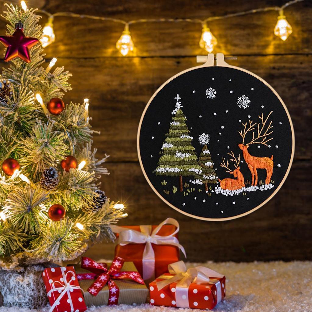 Christmas Embroidery Kit For Beginners Snow Scene Embroidery Kit Holiday Decorations For Kitchen Living Room Desktop Window