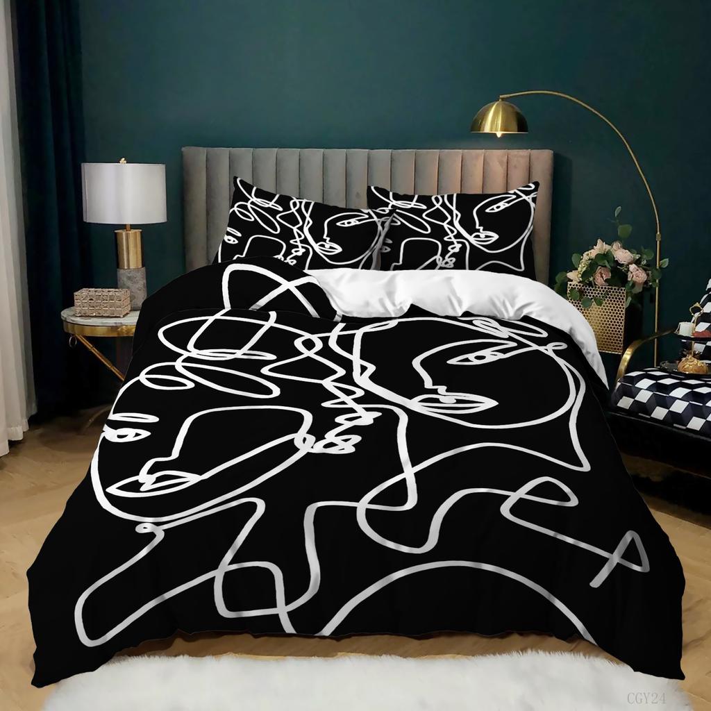 Black And White Simple Bedding Kit Digital Printing Quilt Cover Pillowcase Three-Piece Set