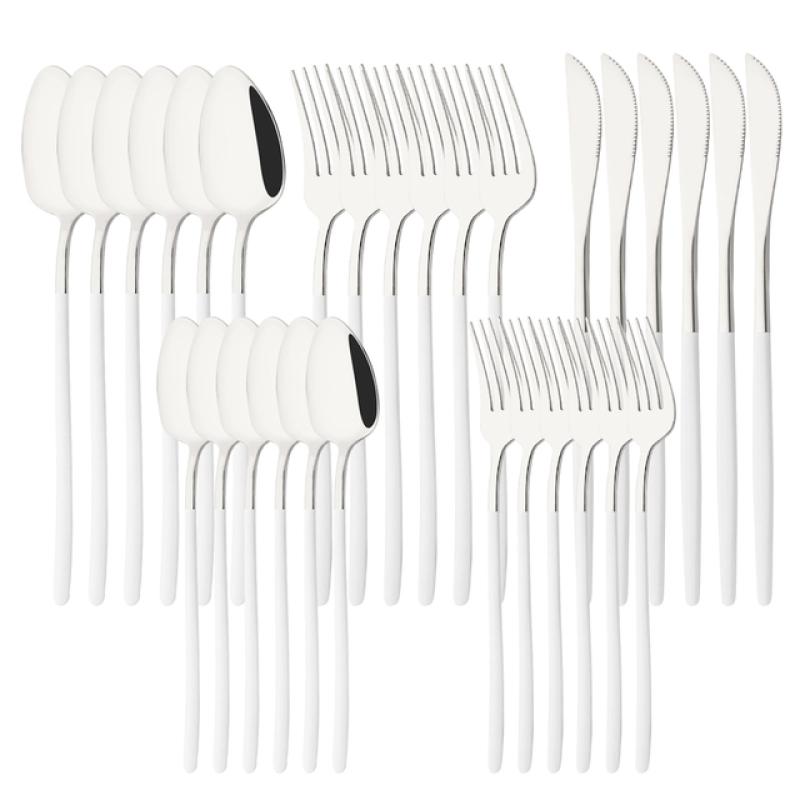 White Gold 30Pcs Dinnerware Set Knife Dessert Fork Spoon Tableware Cutlery Set 18/10 Stainless Steel Flatware Silverware Sets